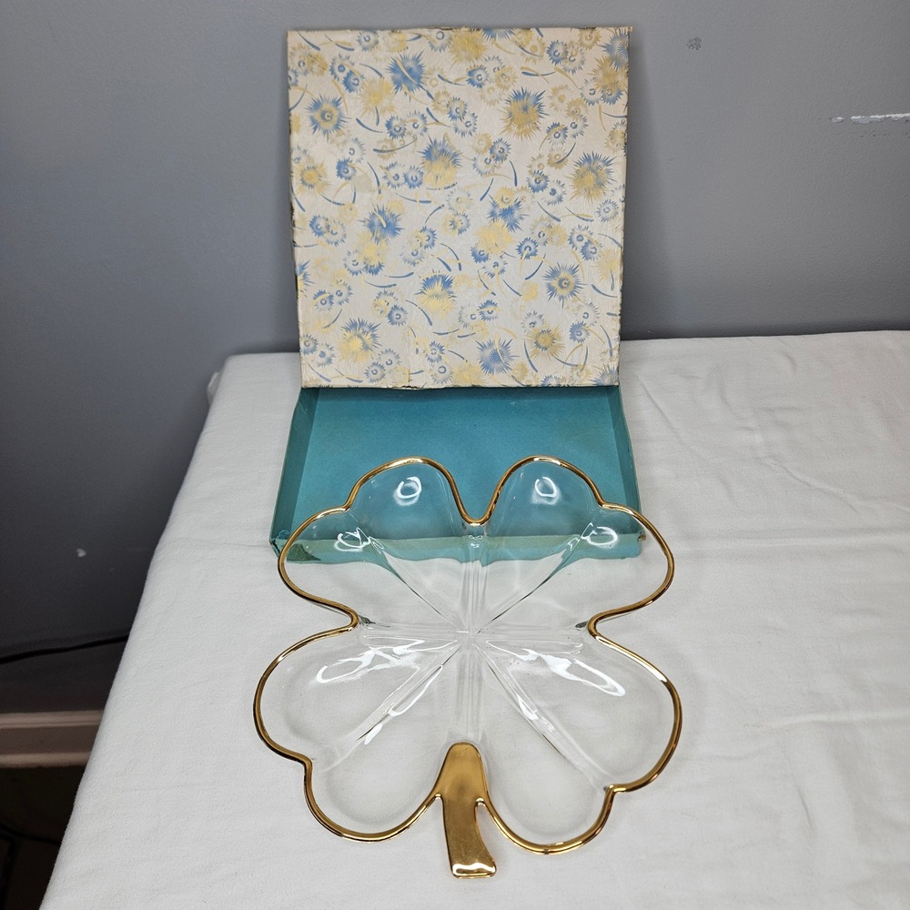 Vtg Jeannette Clear Glass Four Leaf Clover Shamrock Dish Gold Gilded Rim W/ Box
